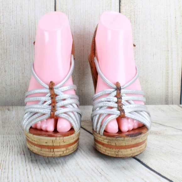 Frye Lena White Leather Strappy Sling Back Cork Platform Heeled Sandals 7 M - Picture 4 of 9